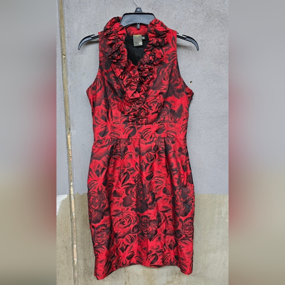 Taylor Red and Black Ruffled V-Neck Midi Dress
